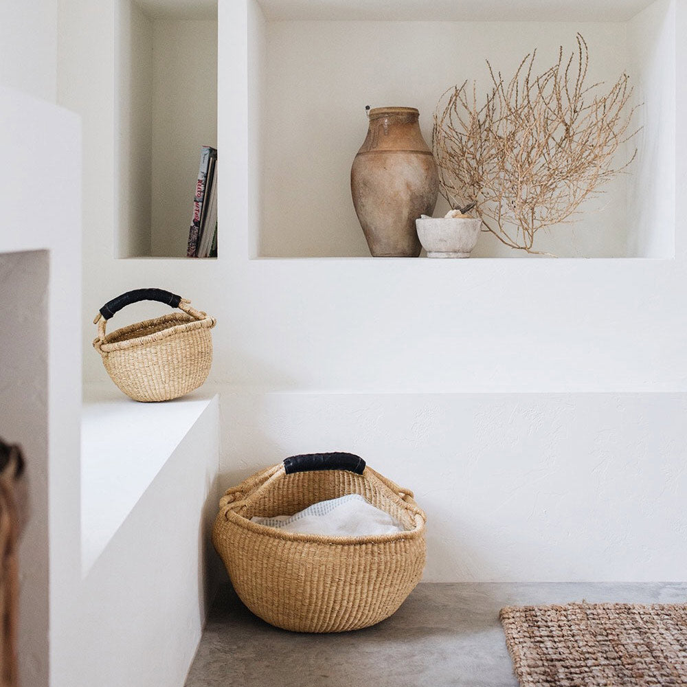 Small Bolga Basket with Black Leather Handle