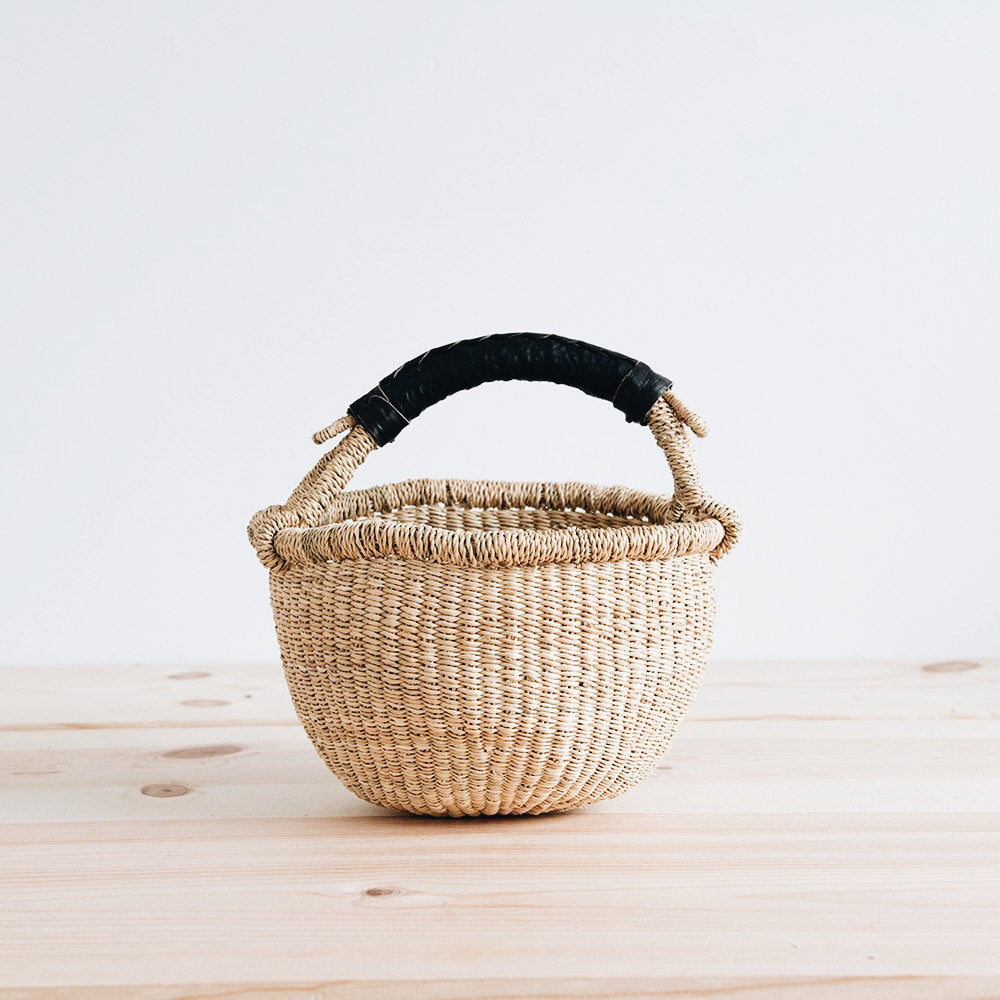 Small Bolga Basket with Black Leather Handle